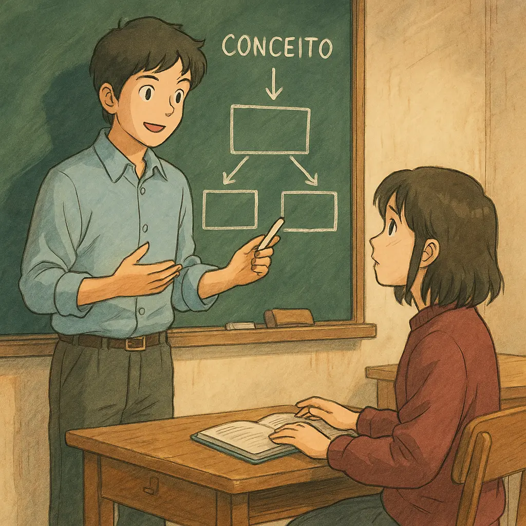 Estudante explicando um conceito em um quadro negro para um colega, simbolizando o método Feynman de aprendizado ativo.