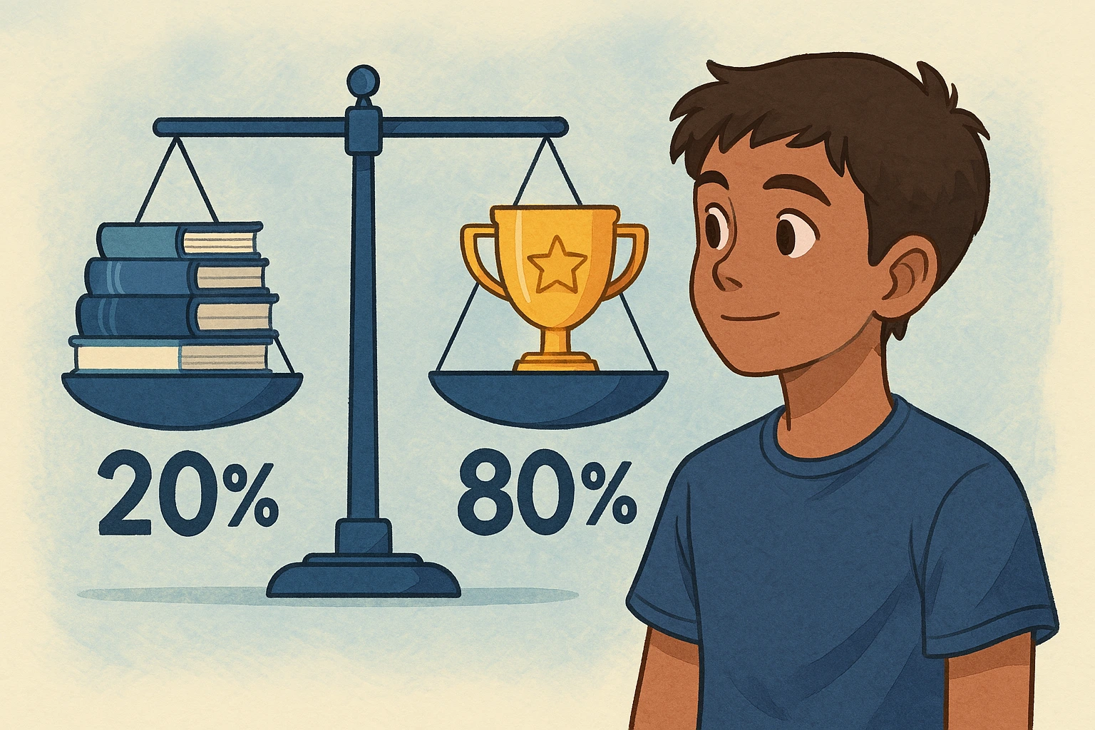 Jovem estudante observando uma balança com livros de um lado e um troféu do outro, simbolizando o impacto desproporcional do esforço focado.