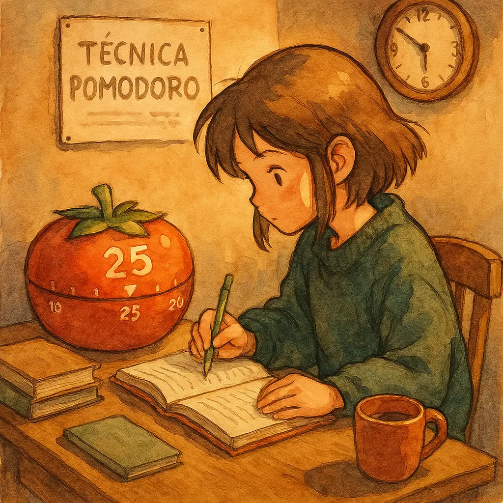 Estudante concentrada em seus estudos ao lado de um timer em formato de tomate, representando os ciclos da Técnica Pomodoro.